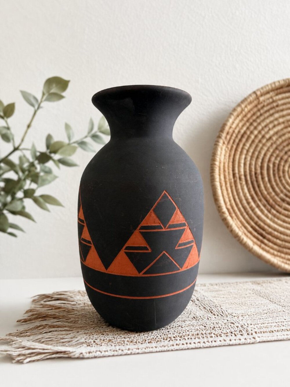Vintage Sioux Pottery Vase, Signed Red Feather, Black & Terracotta Carved Design